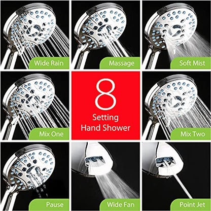 Hotel Spa AquaCare As-Seen-On-TV High Pressure Handheld/Rain 50-mode 3-way Shower Head Combo with Adjustable Arm - Anti-clog Nozzles, Tub & Pet Power Wash, 6 ft. Hose, All Chrome Finish - color: All-Chrome, style: 2.5 Gallons Per Minute