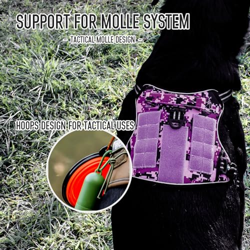 Tactical Dog Harness for Medium & Large Dogs, Camo Purple Adjustable No-Pull Control with Handle, Heavy Duty Reflective Vest - Size M - color: Purple Camo, size: Medium