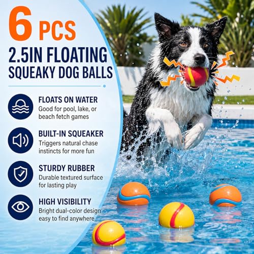 Soulchen 6 Pcs 2.5in Floating Squeaky Dog Balls Toys for Water Play High Bouncy Balls for Interactive Playing Bouncy Fetch Pet Toys for Dogs Durable Rubber Dog Ball for Pool, Lake and Beach
