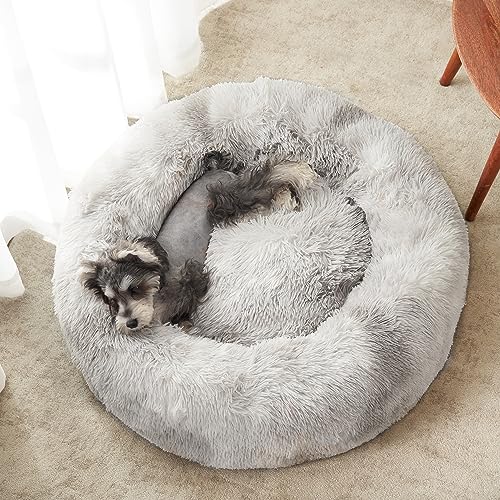 WESTERN HOME WH Calming Dog & Cat Bed, Anti-Anxiety Donut Cuddler Warming Cozy Soft Round Bed, Fluffy Faux Fur Plush Cushion Bed for Small Medium Dogs and Cats (20"/24"/27"/30"), White Grey - color: White Grey, size: 27.0"l x 27.0"w x 8.0"th