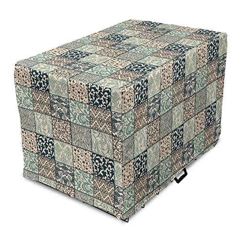 Lunarable Geometric Dog Crate Cover, Antique Mosaic with Victorian Garden Motifs Damask and Scroll Flower, Easy to Use Pet Kennel Cover for Medium Large Dogs, 36 Inch, Seafoam Brown Dark Blue - color: Seafoam Brown Dark Blue, size: 36 Inch