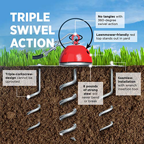 Industrial Puppy Dog Tie-Out Stake - 360-Degree Swivel Action Helps Reduce Tangles, 3 Corkscrew Anchors, Zinc-Plated Steel, Base Plate, Carabiner & Install Tool, for Dogs Up to 100 lbs, Outdoor Use