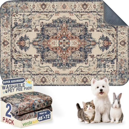 Washable Pee Pads for Dogs, Reusable Puppy Potty Training Pads, Ultra-Absorbent Thick Waterproof Leak-Proof Non-Slip Pads & Mat for Crate, Playpen, Floor, Whelping & Housebreaking , 2 Pack 48"x72" - color: Beige/Blue/Multi, size: 48" ×72"(pack of 2)