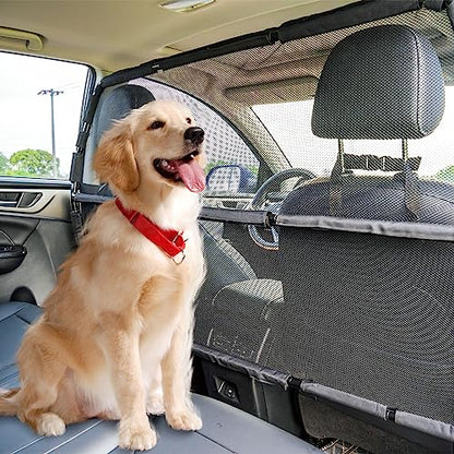Dog Car Barrier Escape-Proof, 56" Wide Divider for 2nd 3rd Row Seats & Cargo Area, Durable Back Seat Gate Trunk Barrier with See Through Net Mesh for Trucks, Large SUV & Full Sized Vehicles - size: Large
