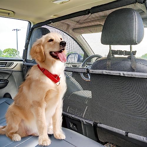 Dog Car Barrier Escape-Proof, 56" Wide Divider for 2nd 3rd Row Seats & Cargo Area, Durable Back Seat Gate Trunk Barrier with See Through Net Mesh for Trucks, Large SUV & Full Sized Vehicles - size: Large