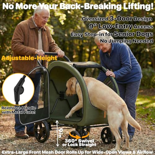 PAWZIDEA 3-in-1 Dog Stroller for Large Dogs with Detachable Carrier, 45% Extra Tall Dog Car Crate up to 100lb Sit Upright, Foldable Pet Stroller for 2 Medium Dogs All-Terrain Jogger, Adjustable Handle - color: Forest Green