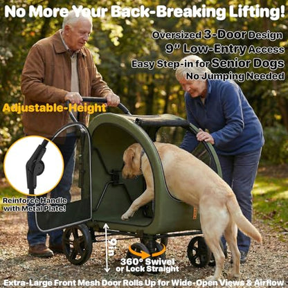 PAWZIDEA 3-in-1 Dog Stroller for Large Dogs with Detachable Carrier, 45% Extra Tall Dog Car Crate up to 100lb Sit Upright, Foldable Pet Stroller for 2 Medium Dogs All-Terrain Jogger, Adjustable Handle - color: Forest Green