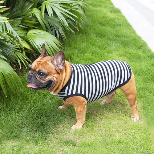 iChoue French Bulldog 100% Breathable Cotton Striped T Shirts Halloween Vest Clothes for Medium Dogs Tank Tops Frenchie Pug English Boston Terrier Pitbull Grey Black Stripes - Large - color: Classic Stripe Black Grey, size: Large ( 25 - 35 lbs )