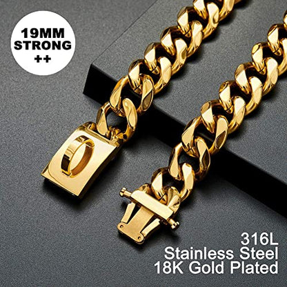 Gold Dog Chain Collar Walking Metal Stainless Steel Choke Collar with Design Secure Buckle,18K Cuban Link Strong Heavy Duty Chew Proof for Medium Dogs (19MM, 25") - size: 25 Inch (Pack of 1)