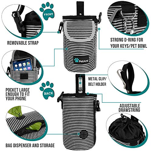 PetAmi Dog Treat Pouch, Large 3-Cup Dog Training Treat Bag with Poop Bag Dispenser, Hands-Free Waist Belt & Crossbody Strap, Reflective with Multiple Pockets & Belt Clip (Stripe Black) - color: Black