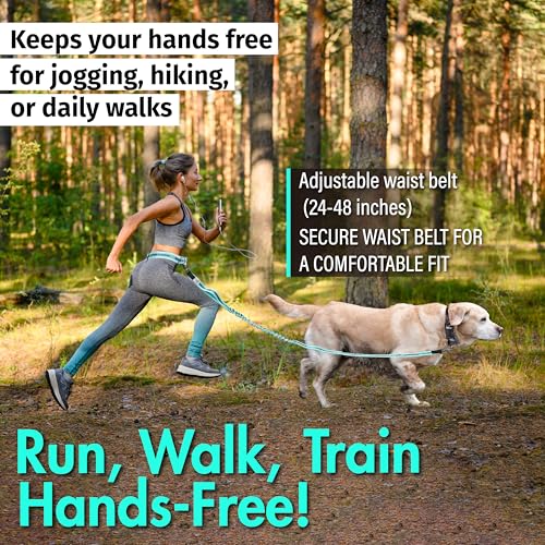 Hands Free Dog Leash with Waist Belt Lifetime Replacement, Dual Handle Bungee Leash for Running, Jogging, Hiking and Walking, for Medium and Large Dogs 5118 - color: Aqua Blue