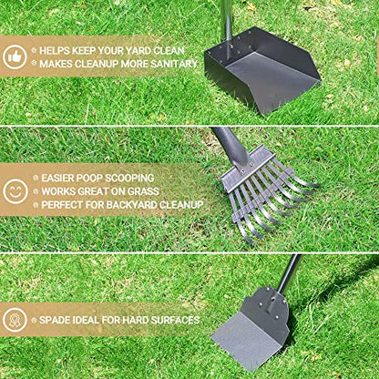 Heeyoo Dog Pooper Scooper, Dog Poop Tray and Rake Set, Pet Waste Removal Scoop with Long Adjustable Sectional Stainless Handles - color: Silver/Black