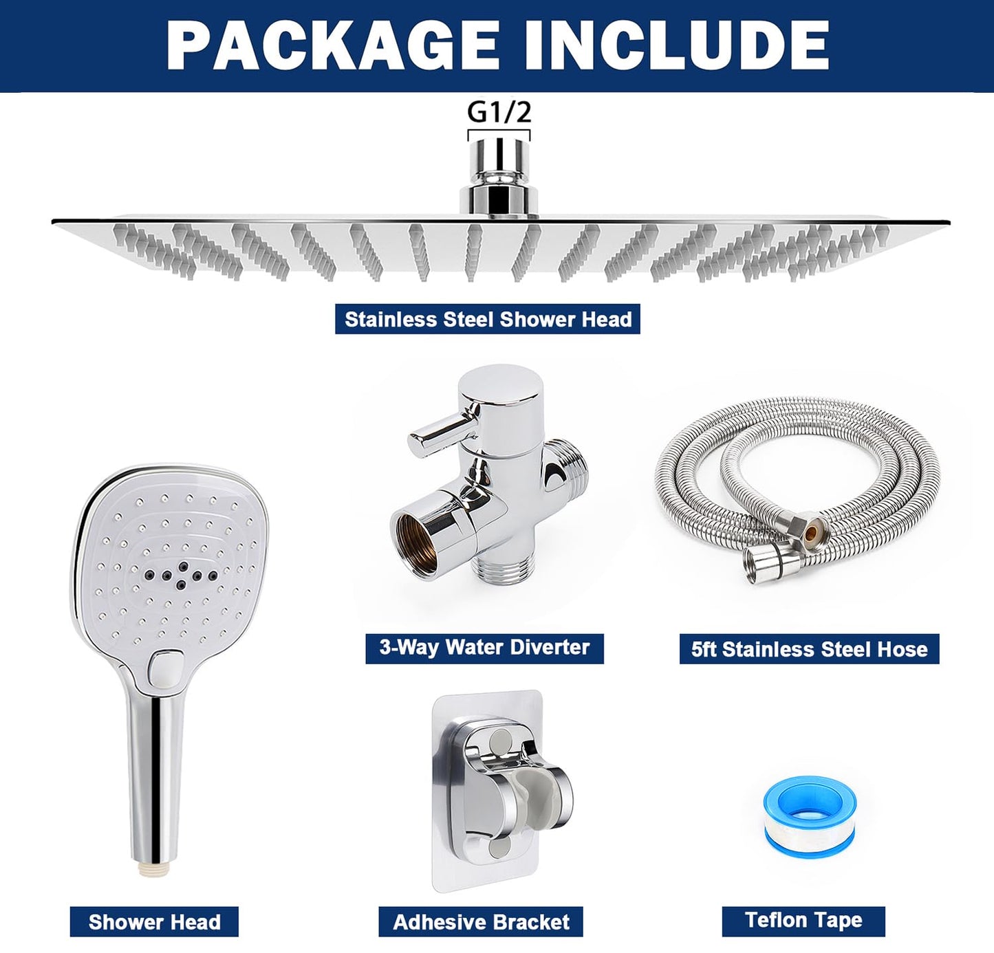 NearMoon Shower Head with Hose, High Pressure Stainless Steel Rain Shower and 3 Settings Handheld Spray Combo with Push Button Flow Control (12 Inch, Chrome Finish) - color: Chrome Finish, size: 12 Inch