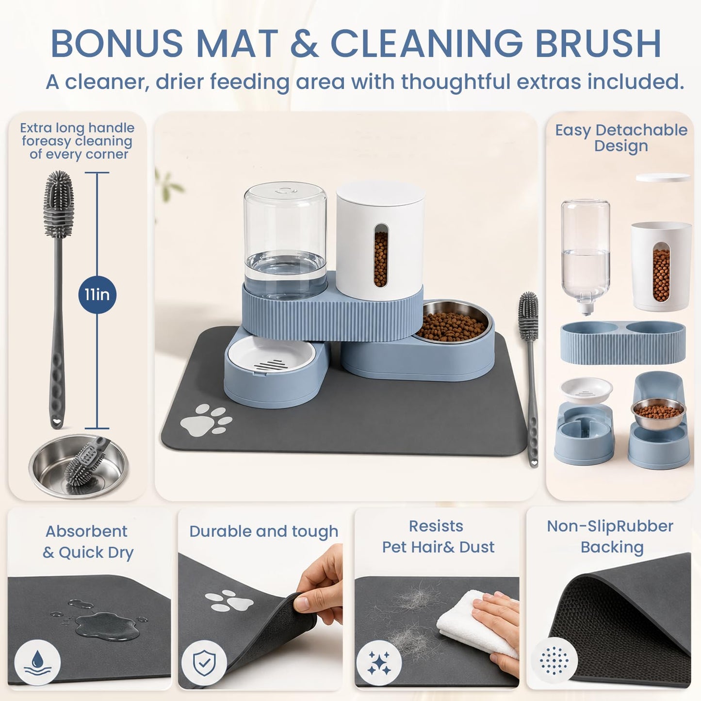 Gravity Cat Feeder and Water Dispenser 2 Pack Automatic Stainless Steel Feeder Bowls with Silicone Mat and Brush Set, Dry Food and Water Dispenser for Cats Small Medium Dogs(Blue) - color: Blue-With mat/brush