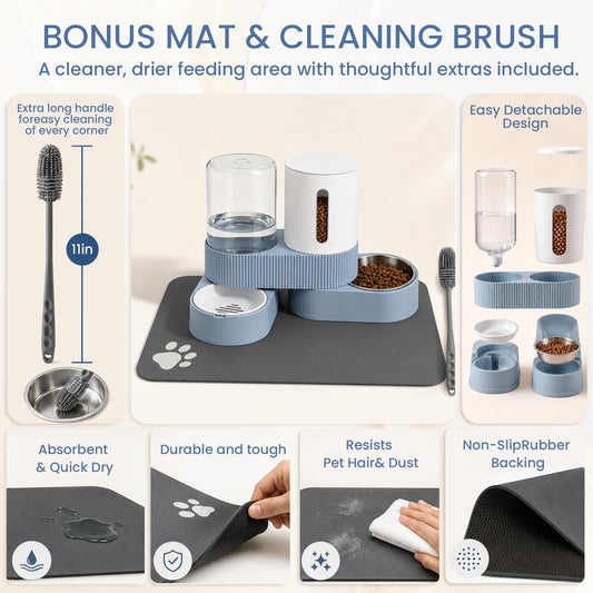 Gravity Cat Feeder and Water Dispenser 2 Pack Automatic Stainless Steel Feeder Bowls with Silicone Mat and Brush Set, Dry Food and Water Dispenser for Cats Small Medium Dogs(Blue) - color: Blue-With mat/brush