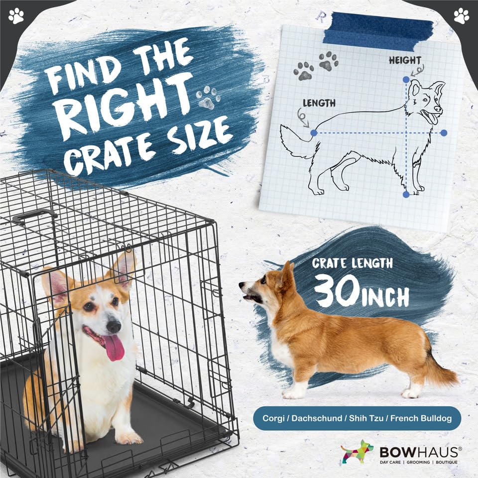 BOWHAUS 30-Inch Single Door Dog Crate Kit Includes Crate Cover, Dog Bed & 2 Bowls and Bowl Racks, Indoor Dog Cage Bundle Set, Foldable Wire Metal Dog Kennel w/Pan for Small, Medium Dog - size: w/ Two Bowls