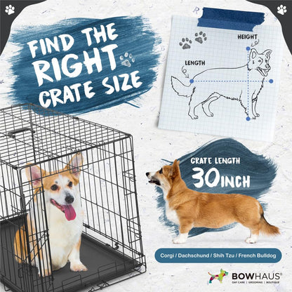BOWHAUS 30-Inch Single Door Dog Crate Kit Includes Crate Cover, Dog Bed & 2 Bowls and Bowl Racks, Indoor Dog Cage Bundle Set, Foldable Wire Metal Dog Kennel w/Pan for Small, Medium Dog - size: w/ Two Bowls