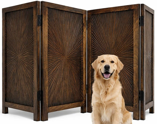 Pet Gate Indoor Foldable in Raise Wood-4 Panel Dog Safety Gate, 56" W x 28" H, Hand-Carved Solid Wood & MDF,Free Standing Portable Indoor Gate for Doorways, Halls, Stairs- Fully Assembled, Burnt - color: Burnt, size: 56"x28" Plain 4 Panels